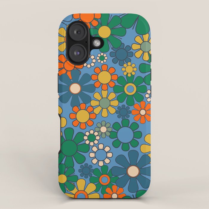 Groovy Retro Garden Flowers 60s 70s Multicolor Floral Pattern on Blue iPhone Case Gallery Image 1