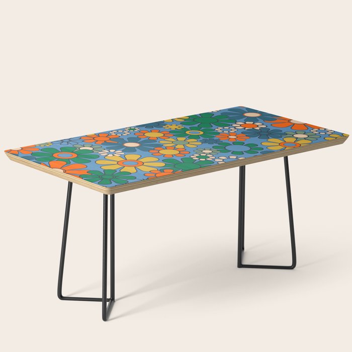 Groovy Retro Garden Flowers 60s 70s Multicolor Floral Pattern on Blue Coffee Table Gallery Image 1