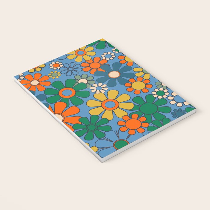 Groovy Retro Garden Flowers 60s 70s Multicolor Floral Pattern on Blue Notebook Gallery Image 3