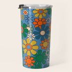 Groovy Retro Garden Flowers 60s 70s Multicolor Floral Pattern on Blue Travel Mug Gallery Image 3