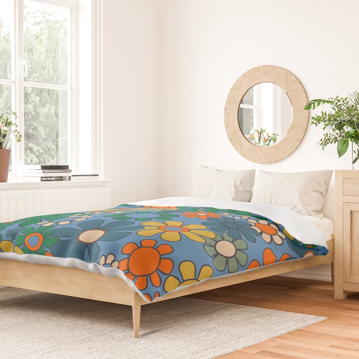 Groovy Retro Garden Flowers 60s 70s Multicolor Floral Pattern on Blue Duvet Cover Gallery Image 2