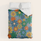 Groovy Retro Garden Flowers 60s 70s Multicolor Floral Pattern on Blue Duvet Cover Gallery Image 6