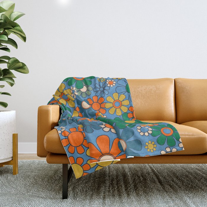Groovy Retro Garden Flowers 60s 70s Multicolor Floral Pattern on Blue Throw Blanket Gallery Image 1