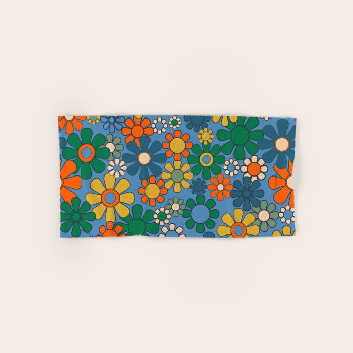 Groovy Retro Garden Flowers 60s 70s Multicolor Floral Pattern on Blue Bath Towel Gallery Image 1