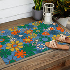 Groovy Retro Garden Flowers 60s 70s Multicolor Floral Pattern on Blue Outdoor Rug Gallery Image 2