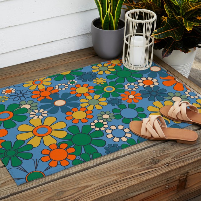 Groovy Retro Garden Flowers 60s 70s Multicolor Floral Pattern on Blue Outdoor Rug Gallery Image 2