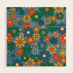 Groovy Retro Garden Flowers 60s 70s Multicolor Floral Pattern on Blue Wood Wall Art Gallery Image 1