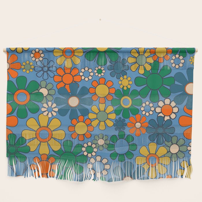 Groovy Retro Garden Flowers 60s 70s Multicolor Floral Pattern on Blue Wall Hanging Gallery Image 1