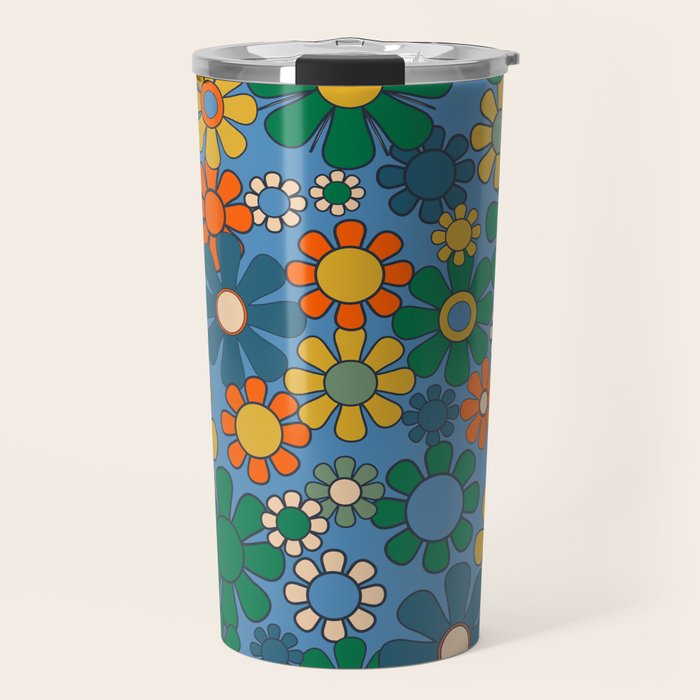 Groovy Retro Garden Flowers 60s 70s Multicolor Floral Pattern on Blue Travel Mug Gallery Image 1