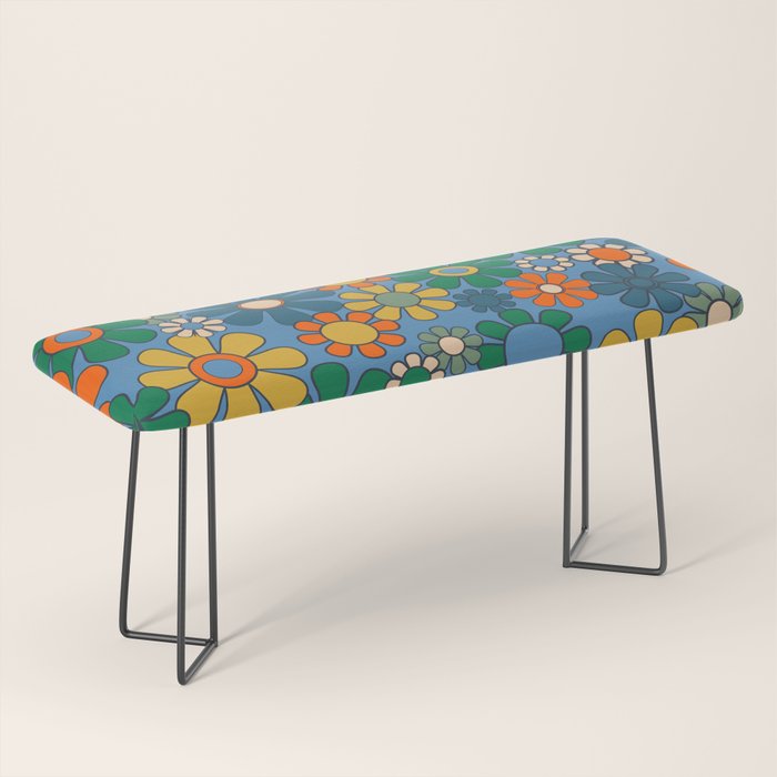 Groovy Retro Garden Flowers 60s 70s Multicolor Floral Pattern on Blue Bench Gallery Image 1
