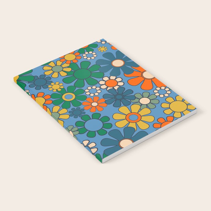 Groovy Retro Garden Flowers 60s 70s Multicolor Floral Pattern on Blue Notebook Gallery Image 2