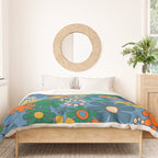 Groovy Retro Garden Flowers 60s 70s Multicolor Floral Pattern on Blue Duvet Cover Gallery Image 3