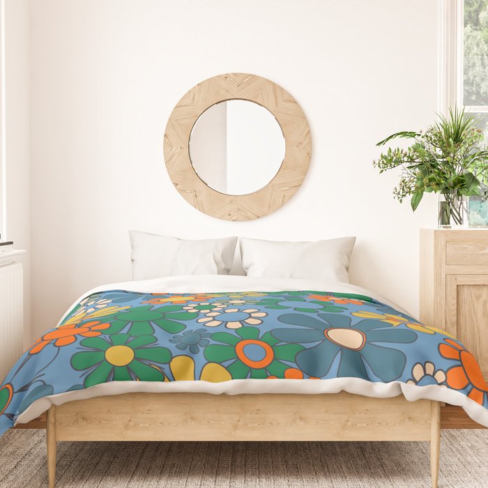 Groovy Retro Garden Flowers 60s 70s Multicolor Floral Pattern on Blue Duvet Cover Gallery Image 3