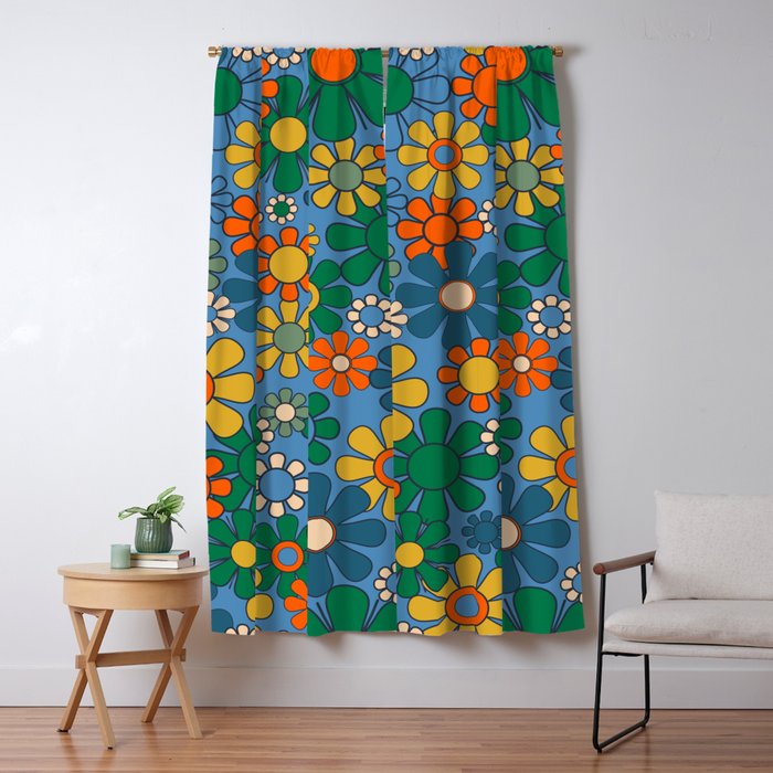Groovy Retro Garden Flowers 60s 70s Multicolor Floral Pattern on Blue Window Curtain Gallery Image 5