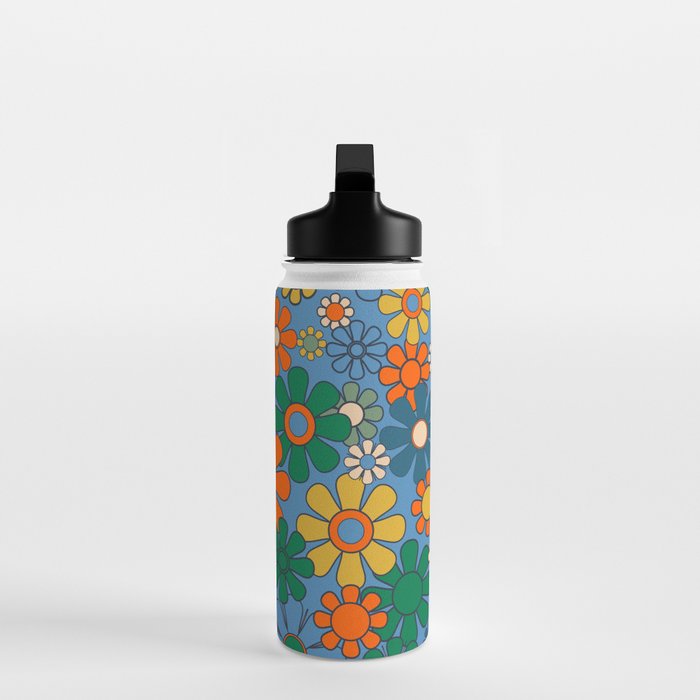Groovy Retro Garden Flowers 60s 70s Multicolor Floral Pattern on Blue Water Bottle Gallery Image 3