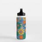 Groovy Retro Garden Flowers 60s 70s Multicolor Floral Pattern on Blue Water Bottle Gallery Image 3