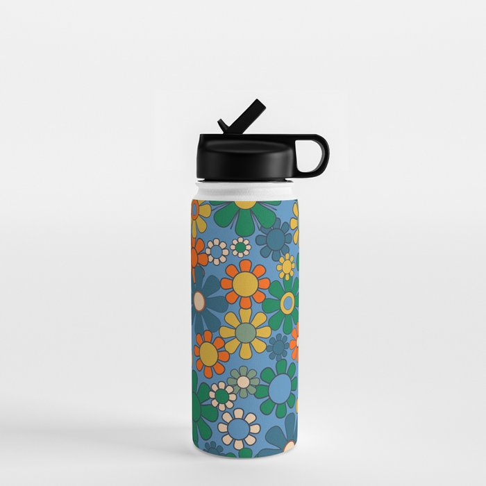 Groovy Retro Garden Flowers 60s 70s Multicolor Floral Pattern on Blue Water Bottle Gallery Image 1