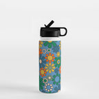 Groovy Retro Garden Flowers 60s 70s Multicolor Floral Pattern on Blue Water Bottle Gallery Image 1