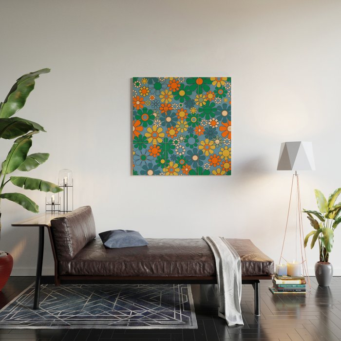 Groovy Retro Garden Flowers 60s 70s Multicolor Floral Pattern on Blue Wood Wall Art Gallery Image 2