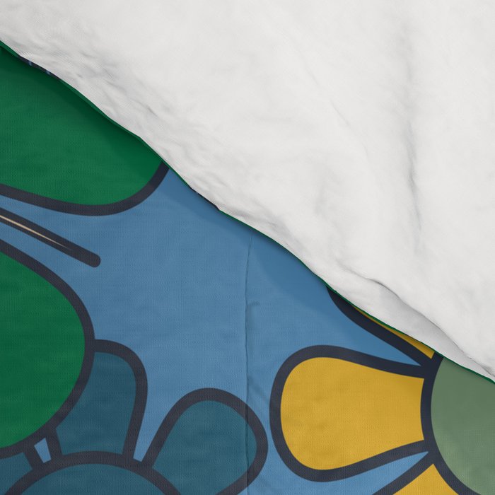Groovy Retro Garden Flowers 60s 70s Multicolor Floral Pattern on Blue Comforter Gallery Image 4