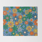 Groovy Retro Garden Flowers 60s 70s Multicolor Floral Pattern on Blue Throw Blanket Gallery Image 2