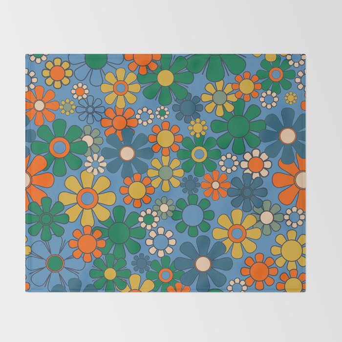 Groovy Retro Garden Flowers 60s 70s Multicolor Floral Pattern on Blue Throw Blanket Gallery Image 2