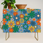 Groovy Retro Garden Flowers 60s 70s Multicolor Floral Pattern on Blue Credenza Gallery Image 1