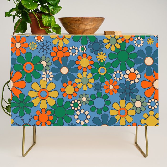 Groovy Retro Garden Flowers 60s 70s Multicolor Floral Pattern on Blue Credenza Gallery Image 1