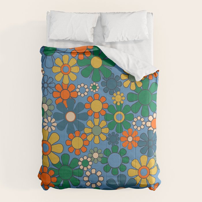 Groovy Retro Garden Flowers 60s 70s Multicolor Floral Pattern on Blue Comforter Gallery Image 1