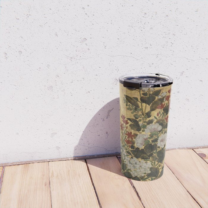 Flowers & Grapes Vintage Japanese Floral Gold Leaf Screen Travel Mug Gallery Image 4
