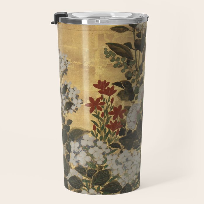 Flowers & Grapes Vintage Japanese Floral Gold Leaf Screen Travel Mug Gallery Image 3