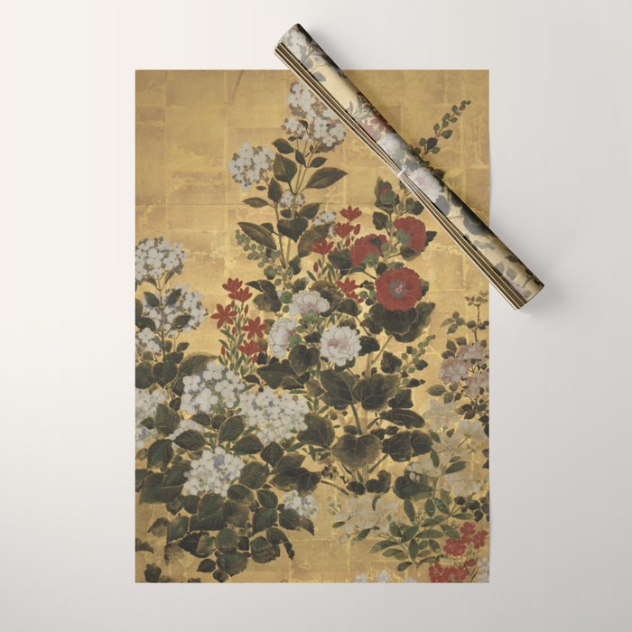 Flowers & Grapes Vintage Japanese Floral Gold Leaf Screen Wrapping Paper Gallery Image 1
