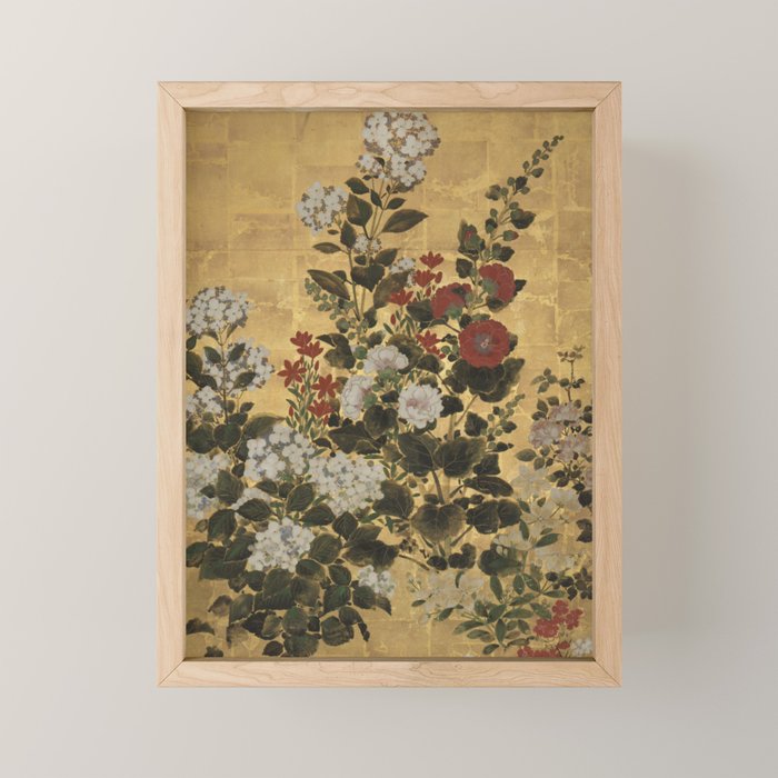 Flowers & Grapes Vintage Japanese Floral Gold Leaf Screen Mini Art Print Gallery Image 1