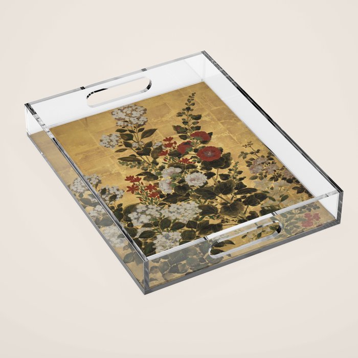Flowers & Grapes Vintage Japanese Floral Gold Leaf Screen Acrylic Tray Gallery Image 1