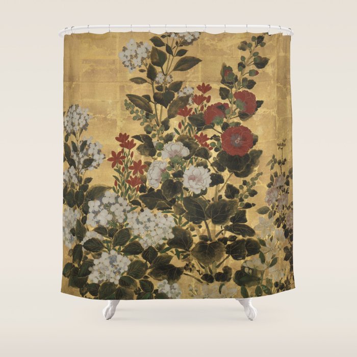 Flowers & Grapes Vintage Japanese Floral Gold Leaf Screen Shower Curtain Gallery Image 1