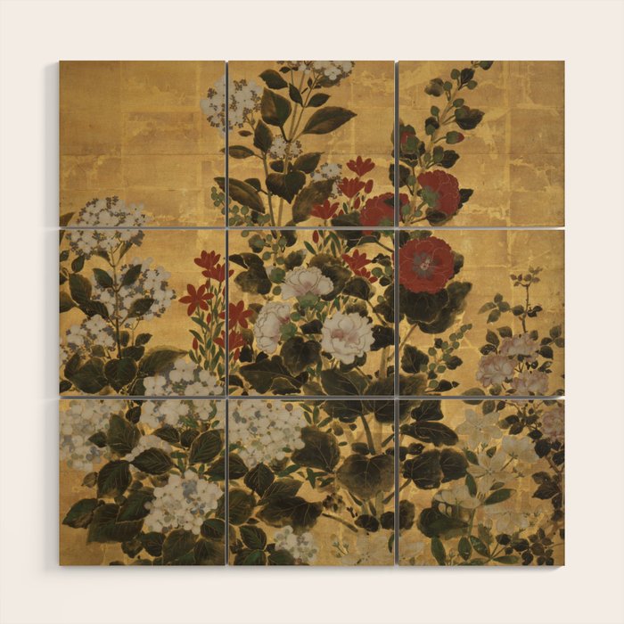 Flowers & Grapes Vintage Japanese Floral Gold Leaf Screen Wood Wall Art Gallery Image 1