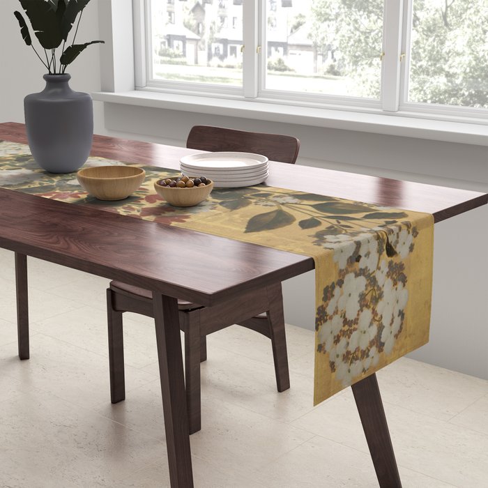 Flowers & Grapes Vintage Japanese Floral Gold Leaf Screen Table Runner Gallery Image 2