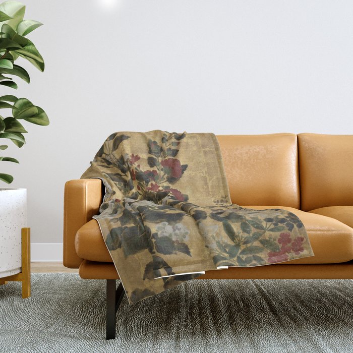 Flowers & Grapes Vintage Japanese Floral Gold Leaf Screen Throw Blanket Gallery Image 1