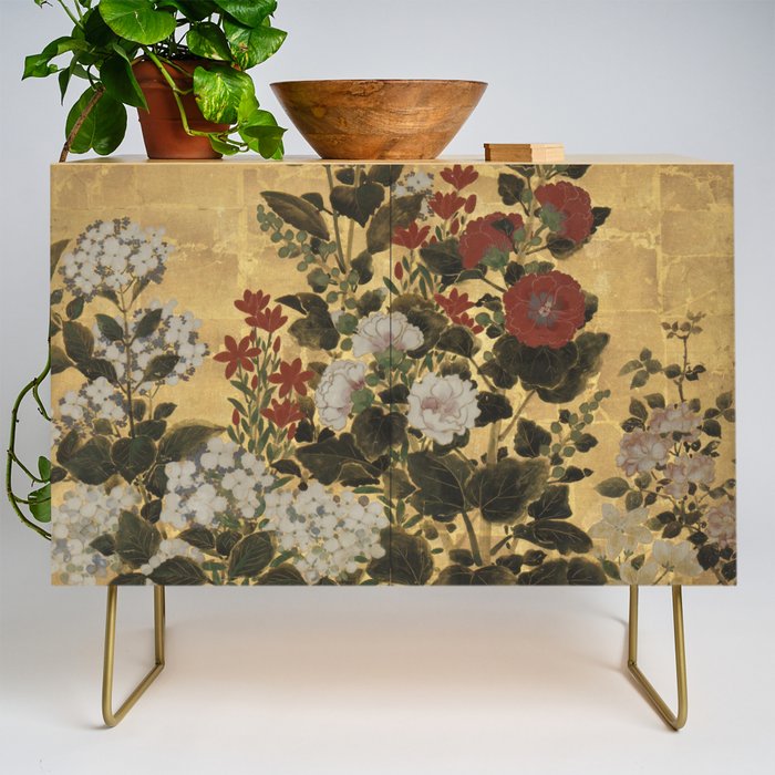 Flowers & Grapes Vintage Japanese Floral Gold Leaf Screen Credenza Gallery Image 1