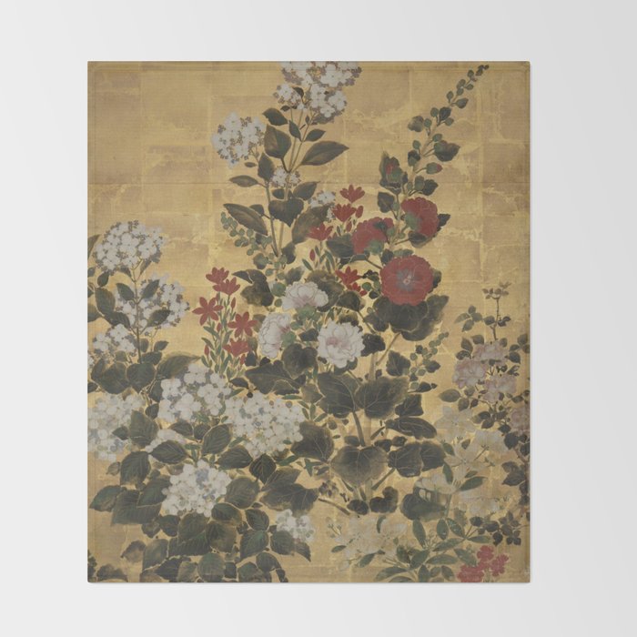 Flowers & Grapes Vintage Japanese Floral Gold Leaf Screen Throw Blanket Gallery Image 2