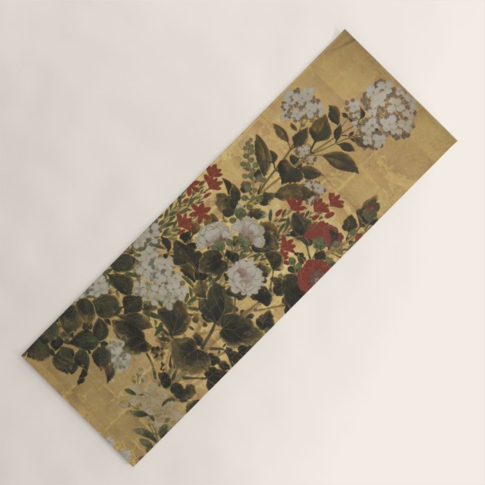 Flowers & Grapes Vintage Japanese Floral Gold Leaf Screen Yoga Mat Gallery Image 1