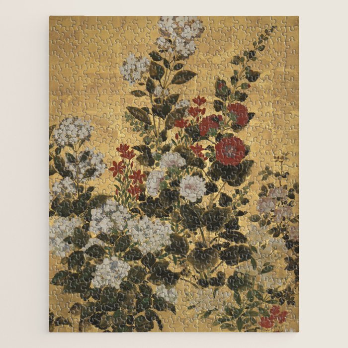 Flowers & Grapes Vintage Japanese Floral Gold Leaf Screen Jigsaw Puzzle Gallery Image 1