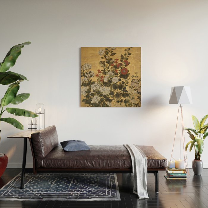 Flowers & Grapes Vintage Japanese Floral Gold Leaf Screen Wood Wall Art Gallery Image 2