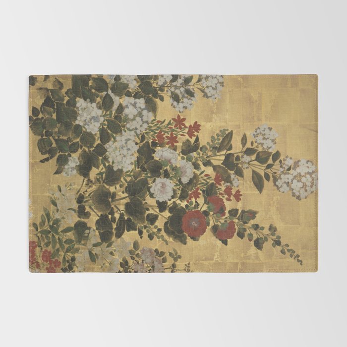 Flowers & Grapes Vintage Japanese Floral Gold Leaf Screen Rug Gallery Image 2