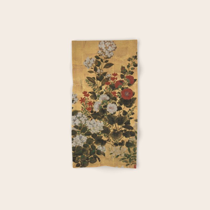 Flowers & Grapes Vintage Japanese Floral Gold Leaf Screen Bath Towel Gallery Image 1