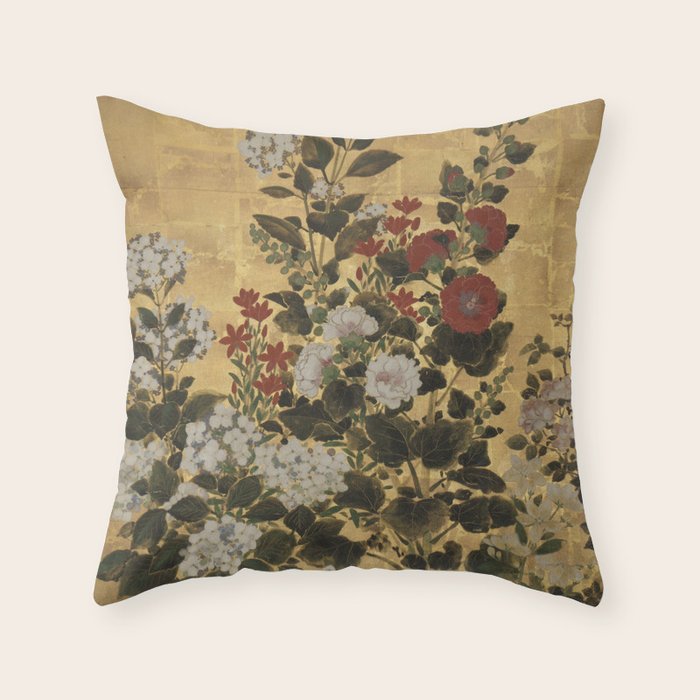Flowers & Grapes Vintage Japanese Floral Gold Leaf Screen Throw Pillow Gallery Image 1