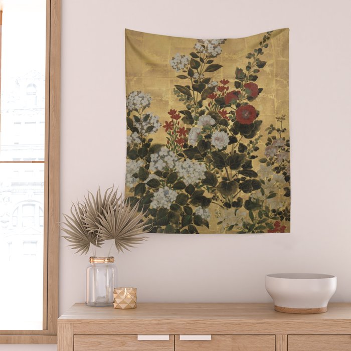 Flowers & Grapes Vintage Japanese Floral Gold Leaf Screen Wall Tapestry Gallery Image 2