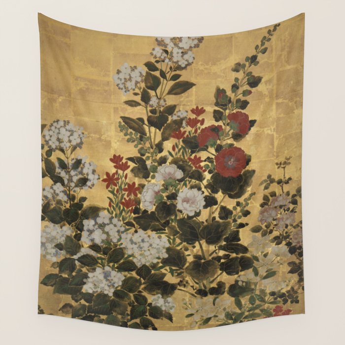Flowers & Grapes Vintage Japanese Floral Gold Leaf Screen Wall Tapestry Gallery Image 4
