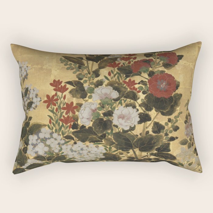 Flowers & Grapes Vintage Japanese Floral Gold Leaf Screen Rectangular Pillow Gallery Image 2