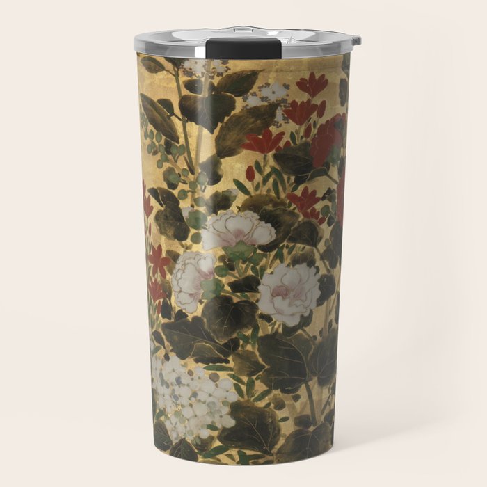 Flowers & Grapes Vintage Japanese Floral Gold Leaf Screen Travel Mug Gallery Image 1